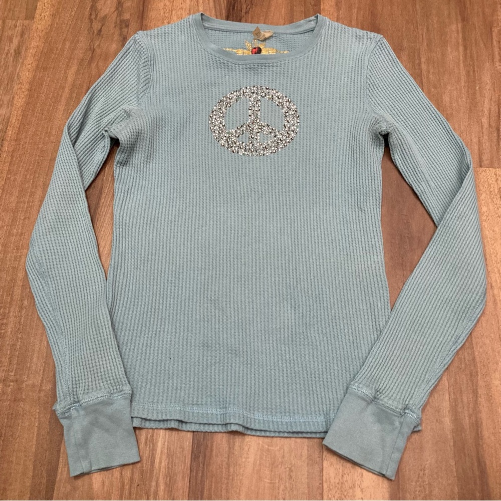 Y2K Embellished Peace Sign Waffle Knit Long Sleeve Top - Light Blue